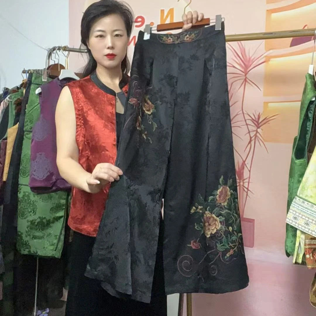 新中式黑刺绣直筒裤提花时尚阔腿裤中国风