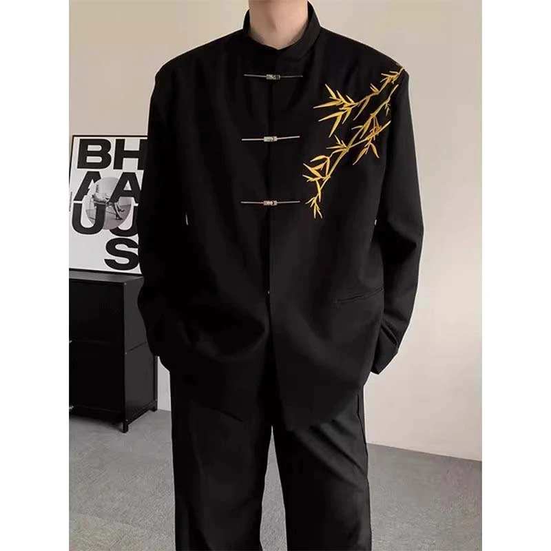 新中式金雷竹刺绣西服外套男士2025春秋新款痞帅男装新郎订婚礼服