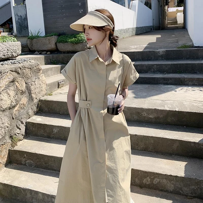 polo领衬衫连衣裙女夏季新款设计感收腰遮肉显瘦休闲中长款裙子潮