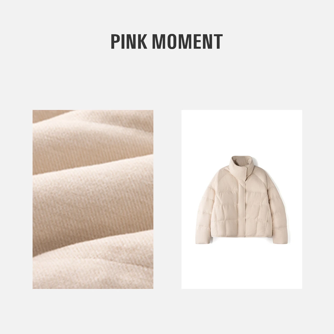 PM王囡囡  米杏色绵羊毛白鹅绒宽版立领拉链羽绒外套 ND1D1847