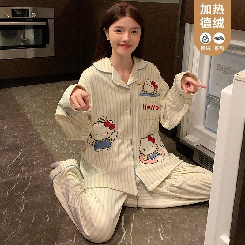 秋冬保暖德绒睡衣家居服卡通可爱KT猫条纹开衫套装家居服少女韩版