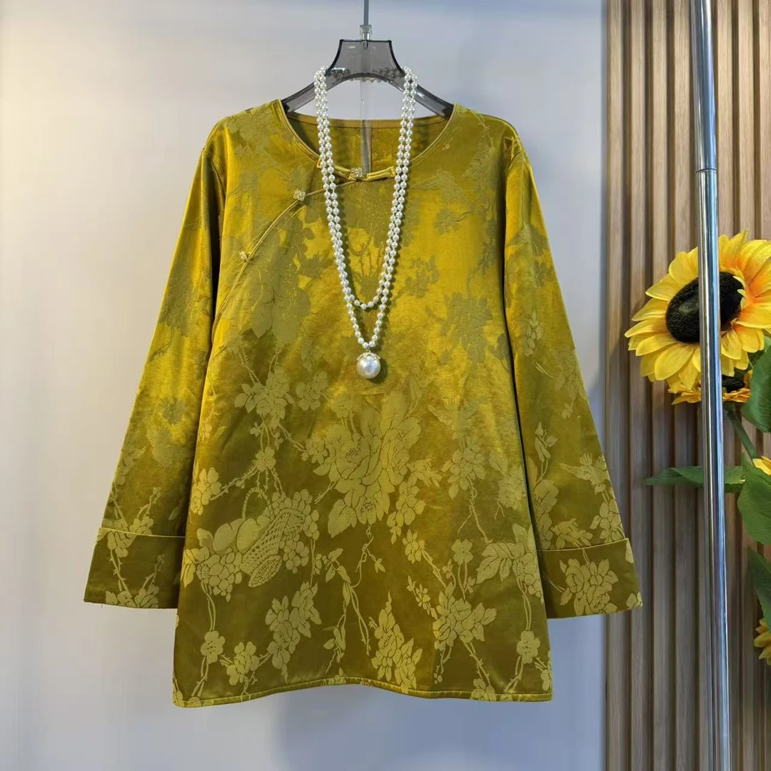 新中式大码女装2025秋季款胖mm国风时尚提花斜襟圆领衬衫显瘦上衣