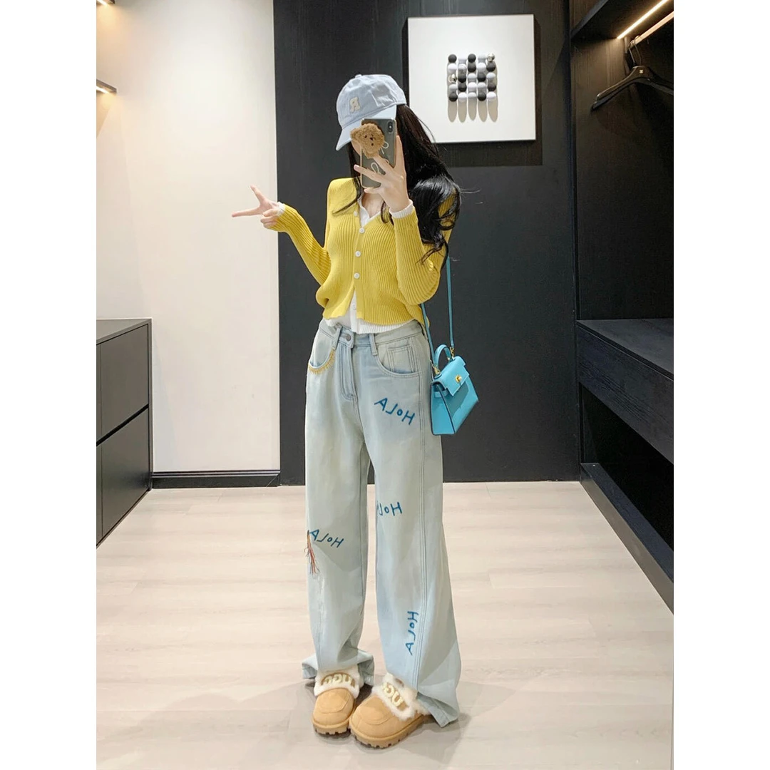 浅蓝色字母刺绣阔腿牛仔裤女春秋新款宽松慵懒感显瘦直筒长裤子