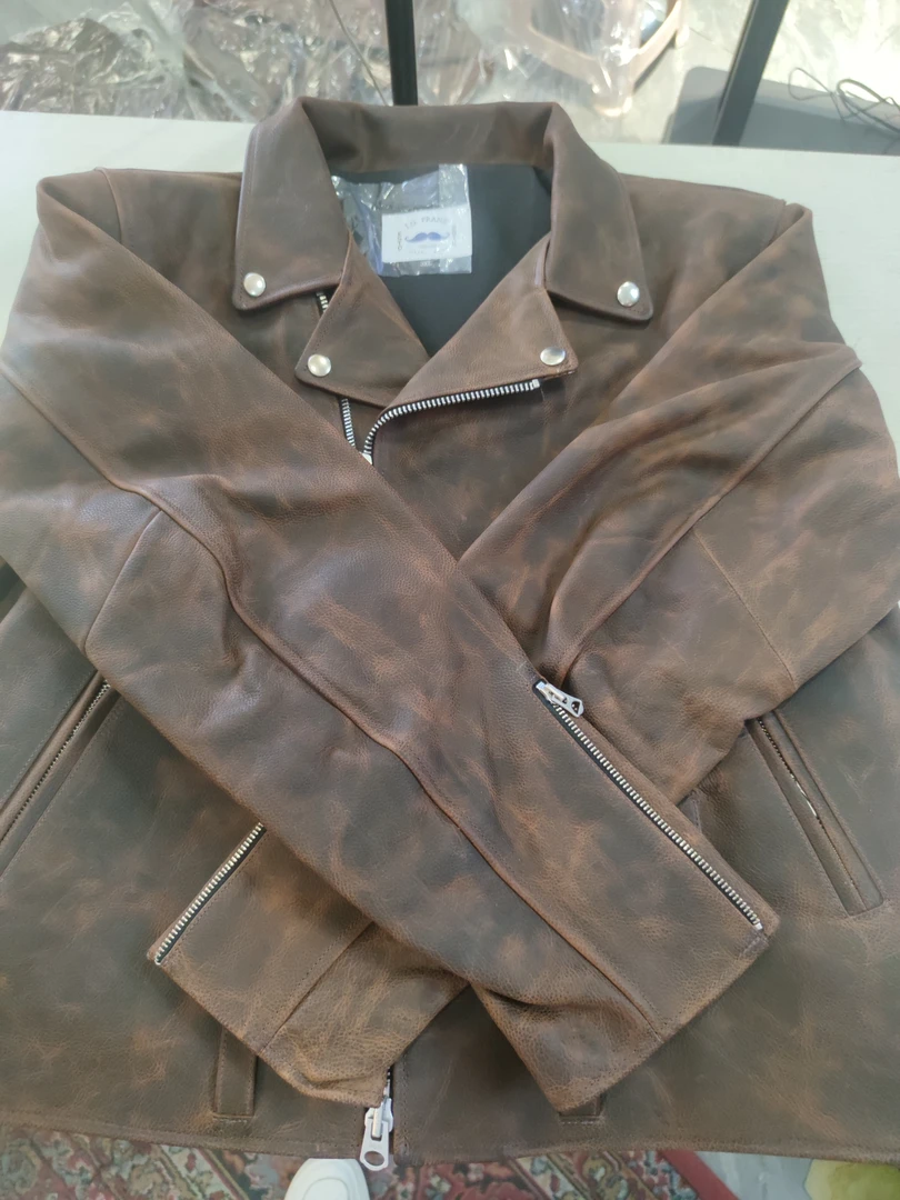 直播福利   瑕疵款棕色牛皮613斜拉机车真皮皮衣