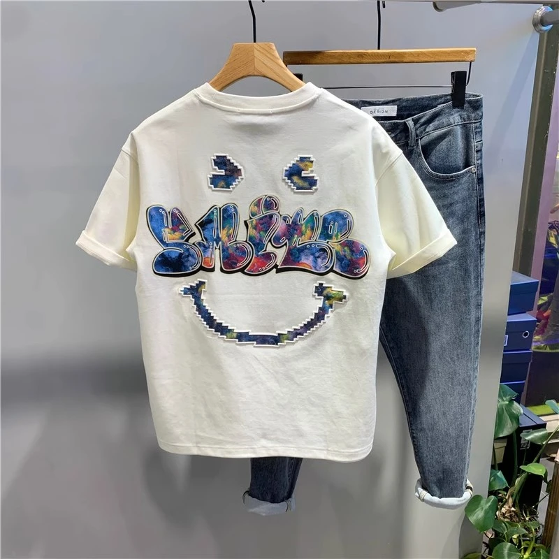 2025夏季潮牌彩绘笑脸印花圆领短袖T桖男士宽松时尚高端重磅半袖t