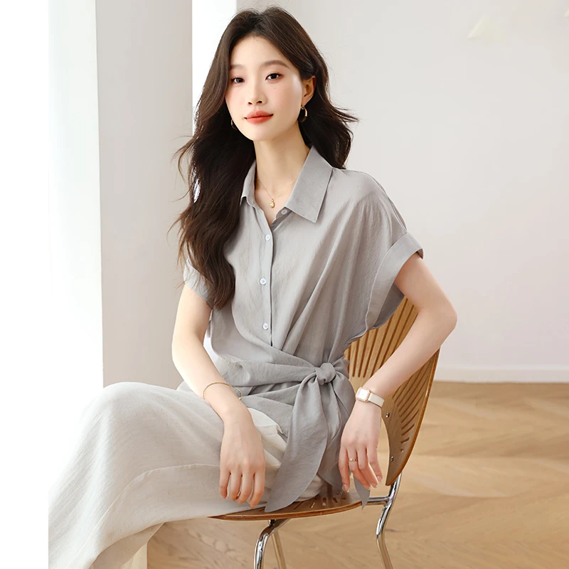 时尚套装女2025夏季新款韩版修身系带衬衫领短款阔腿裤两件套装潮