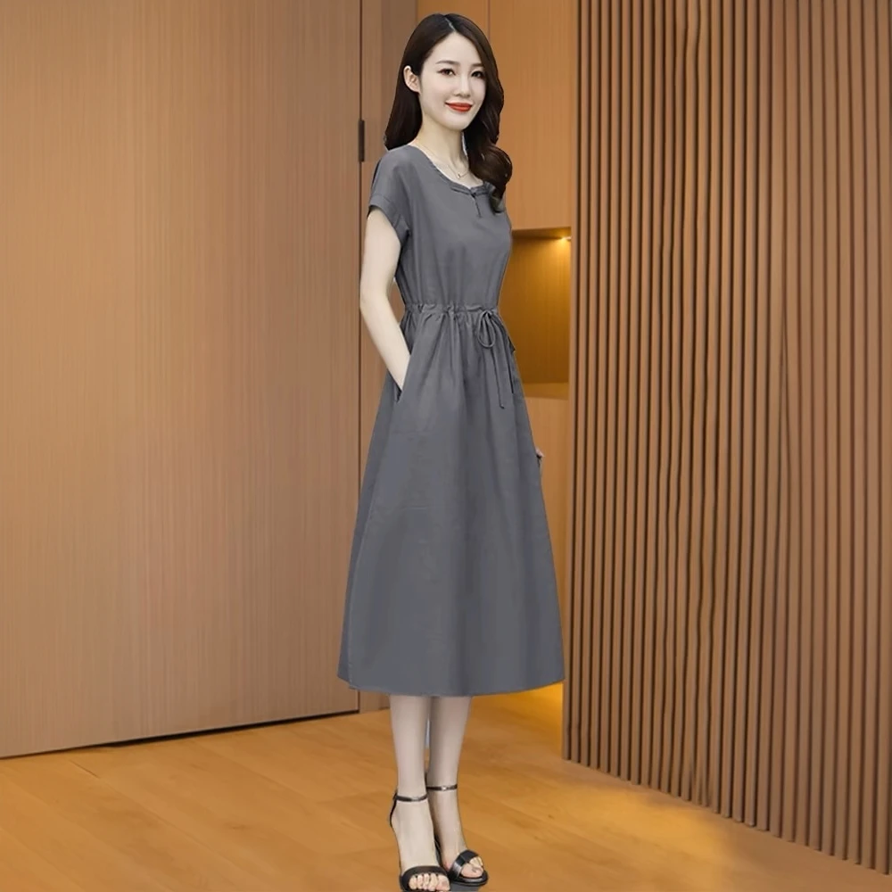 南油高档棉麻纯色裙子女春夏季遮肚子宽松显瘦气质连衣裙休闲妈妈