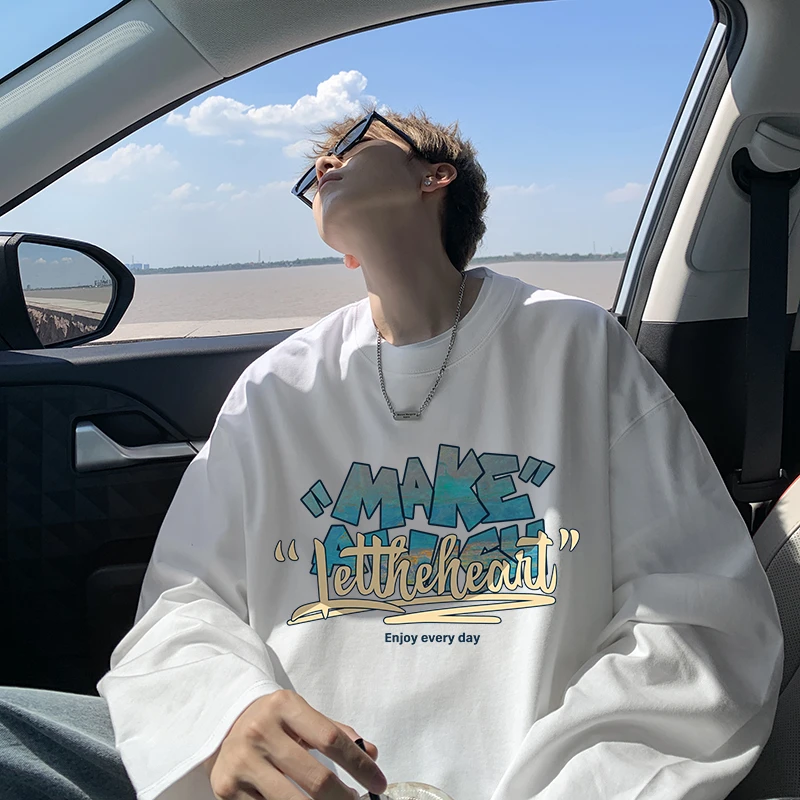 美式纯棉长袖t恤男士秋冬季宽松大码卫衣白色内搭上衣男生打底衫