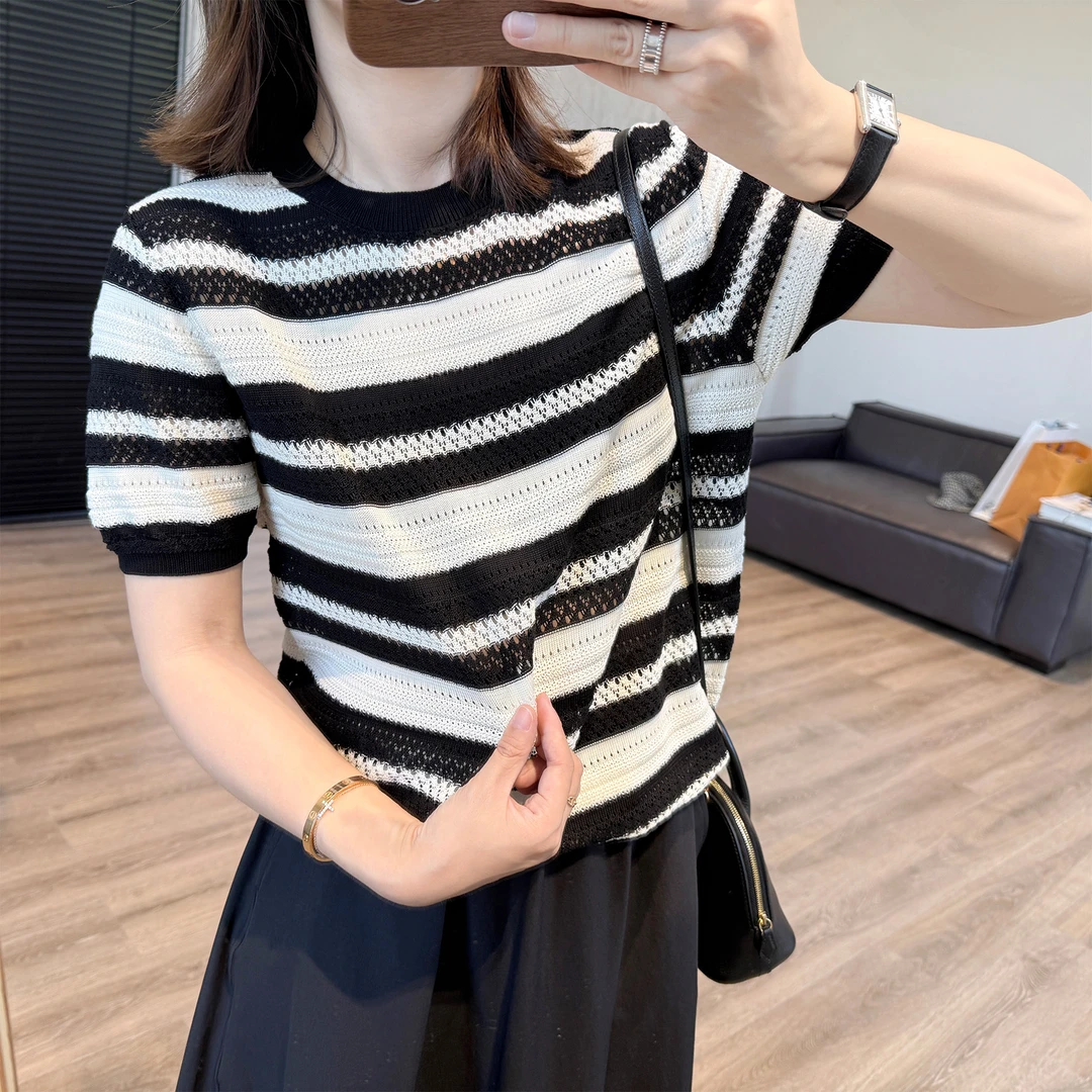 靓小靓气质圆领【镂空横条T】夏季100莱赛尔薄针织衫透气短袖上衣