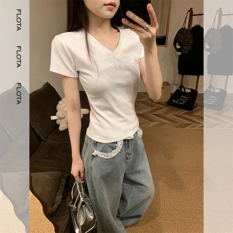 【flota】V领正肩辣妹显瘦修身简约基础百搭短袖夏季新款上衣0996