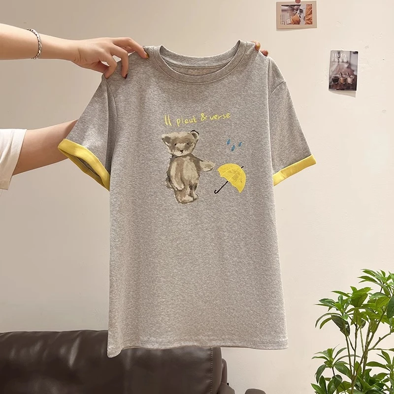 撞色创意印花小熊短袖女慵懒风T恤2025夏季圆领宽松显瘦遮肚上衣