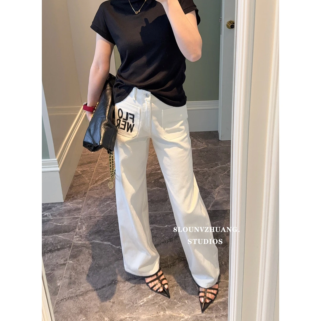 深圳lili家白色阔腿裤【D家柜柜同款】字母牛仔裤2025年春季新款