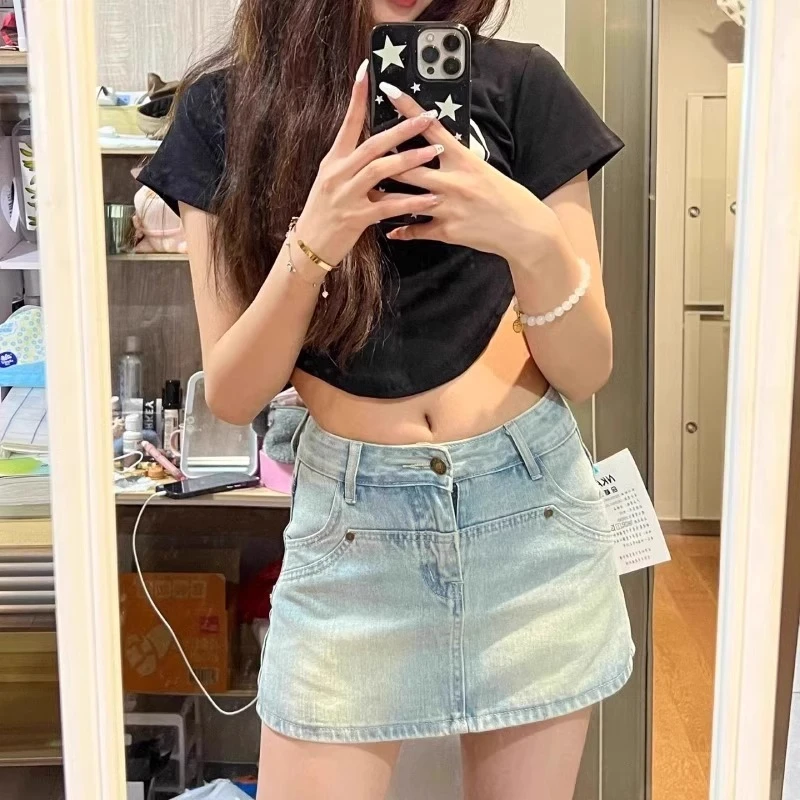 复古高腰防走光裙裤胖mm遮肚显瘦大码牛仔a字夏季包臀半身裙A字