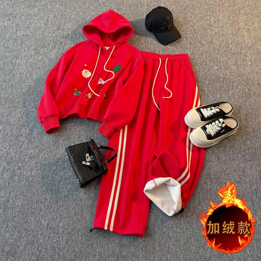 简约时尚休闲套装女秋冬新款韩系宽松显瘦连帽卫衣直筒长裤两件套