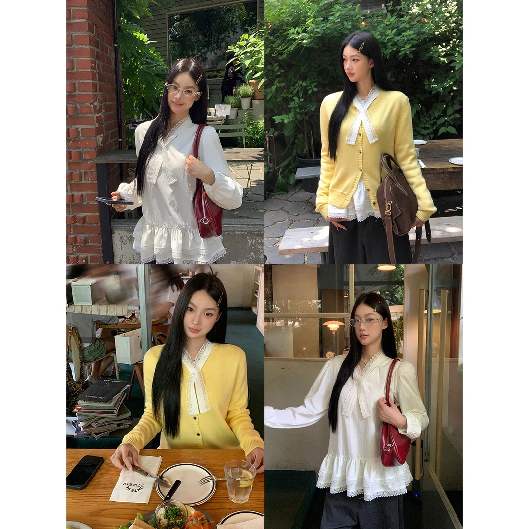 【舒芙蕾衬衫】韩系气质温柔拼接蕾丝蝴蝶结宽松BD衬衫253K2192