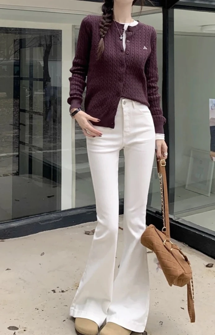 白色高腰微喇牛仔裤显瘦修身垂感拖地喇叭裤女春秋季