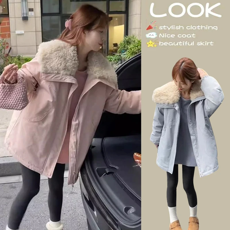 秋冬新款加厚保暖冲锋服外套欧美洋气休闲百搭拼接羊羔翻领派克服