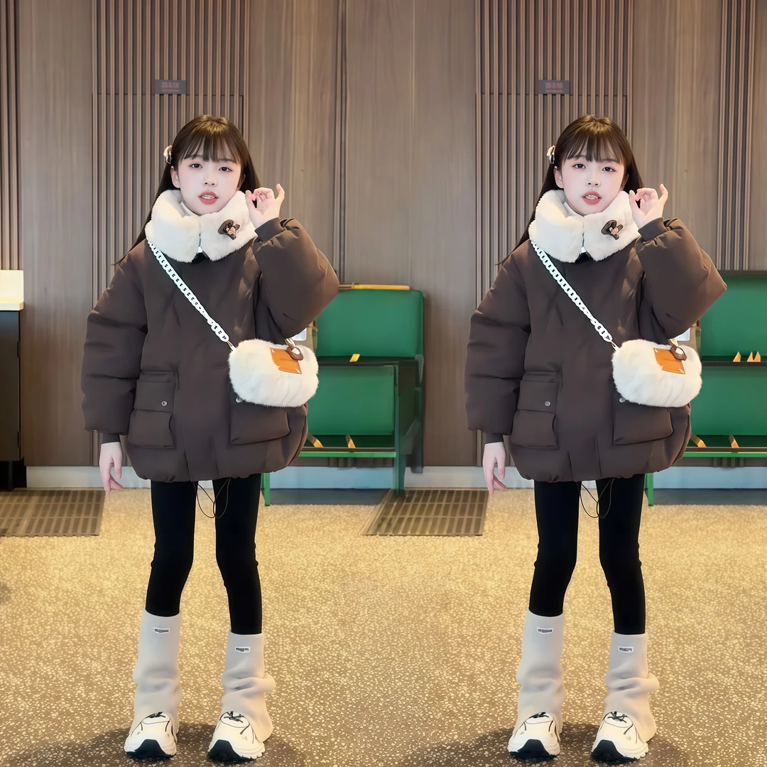 女童冬季棉服3-13岁大翻毛领加绒加厚年服120码-170码