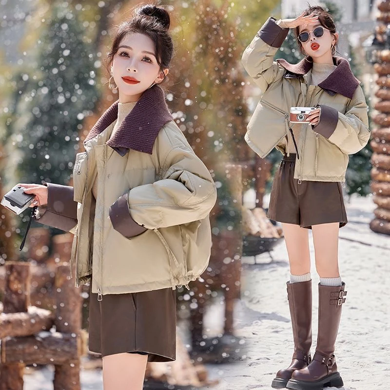 百搭棉服棉衣女2025冬季新款针织短款PU翻领小个子保暖棉袄外套厚
