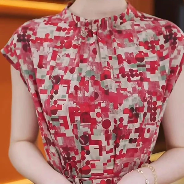 H2-2025苏杭新款优雅显瘦高级时尚 红色圆领马赛克连衣裙