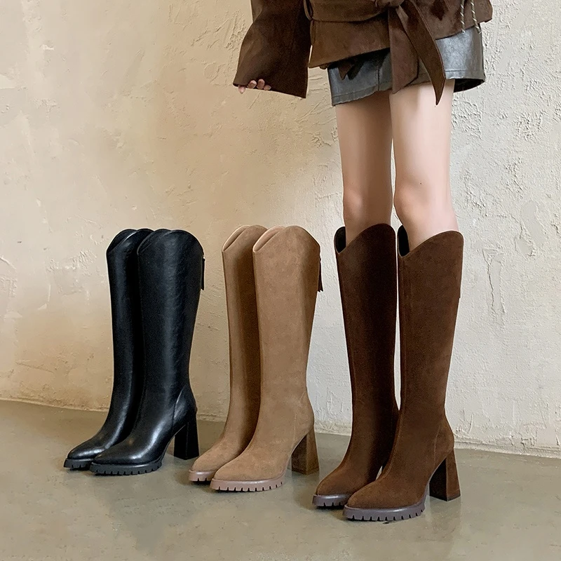 8.5cm粗高跟真皮长靴女磨砂皮V口高筒靴女防水台优雅牛翻皮骑士靴