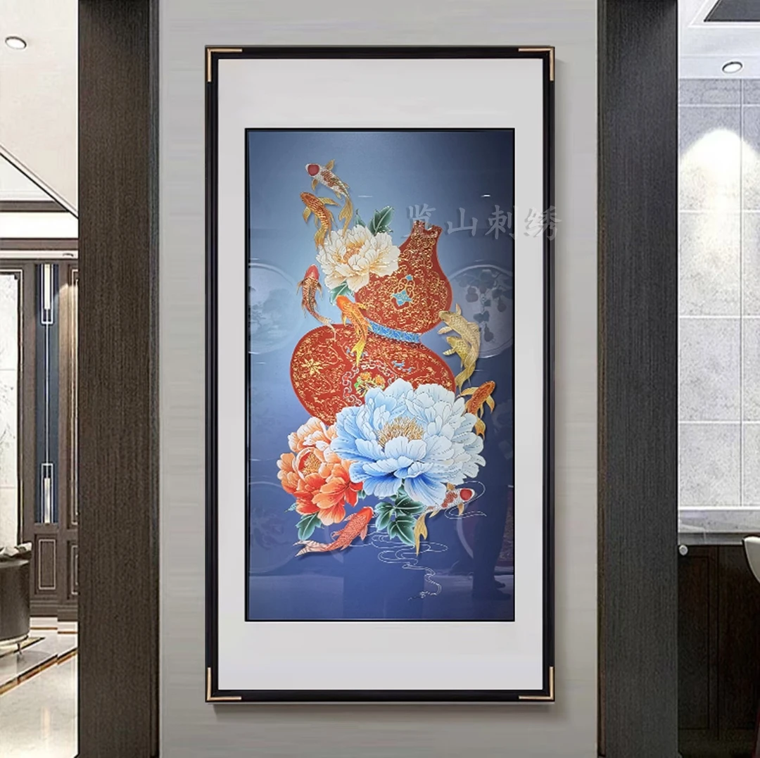 手工錾刻铜雕画富贵葫芦牡丹题材玄关走廊新中式餐厅竖版挂画