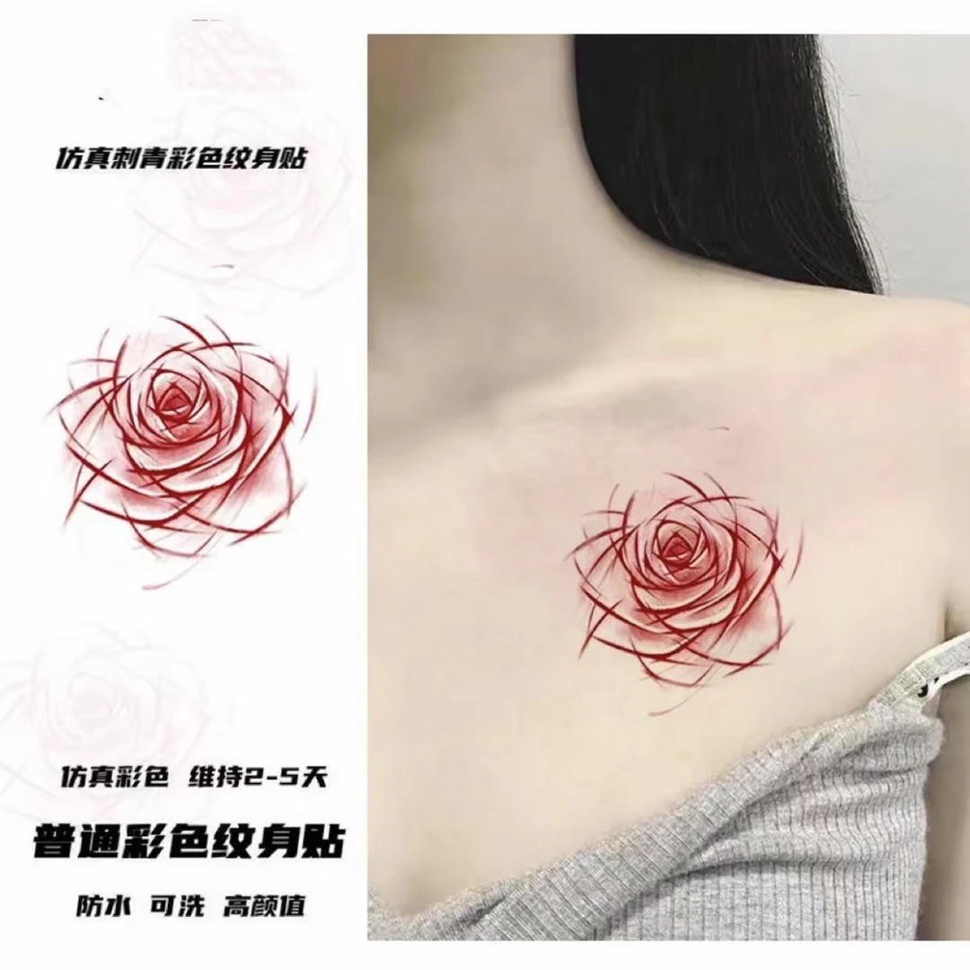 纯欲风刀刻玫瑰手腕彩色可爱纹身防水防光辣妹手臂锁骨甜酷性感