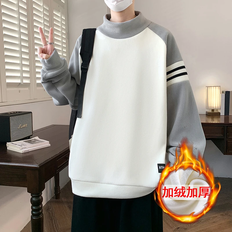 半高领奥粒绒男士卫衣冬季学院风百搭潮流加绒加厚学生打底上衣服