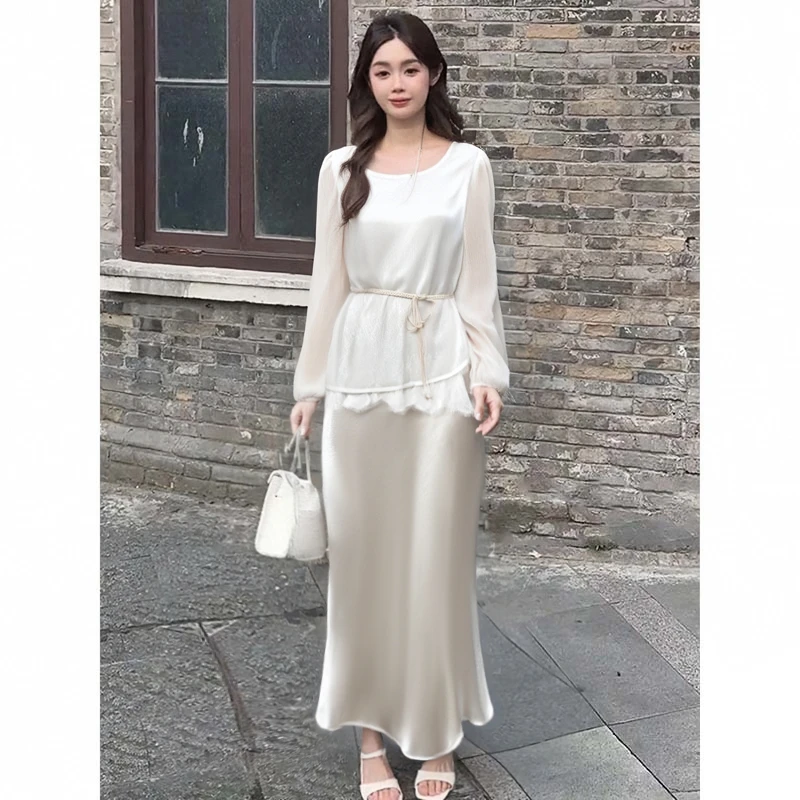 【V】【两件套】【有里布】【送腰带】法式蕾丝拼接显瘦罩衫裙子套装D3426
