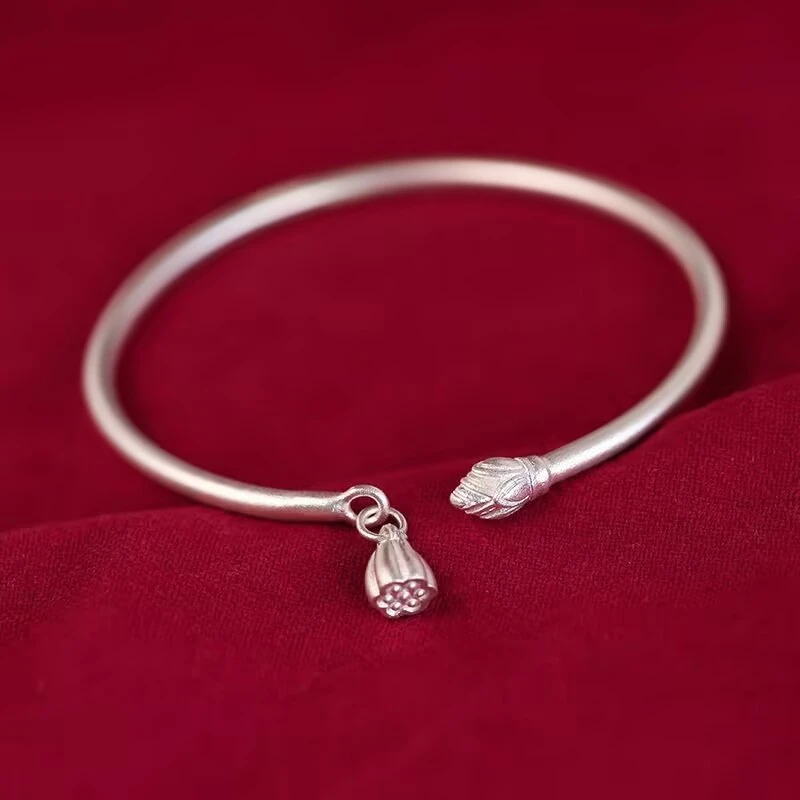 足银手镯 85号链接 莲蓬磨砂古法手镯女设计高级感莲花开口手环