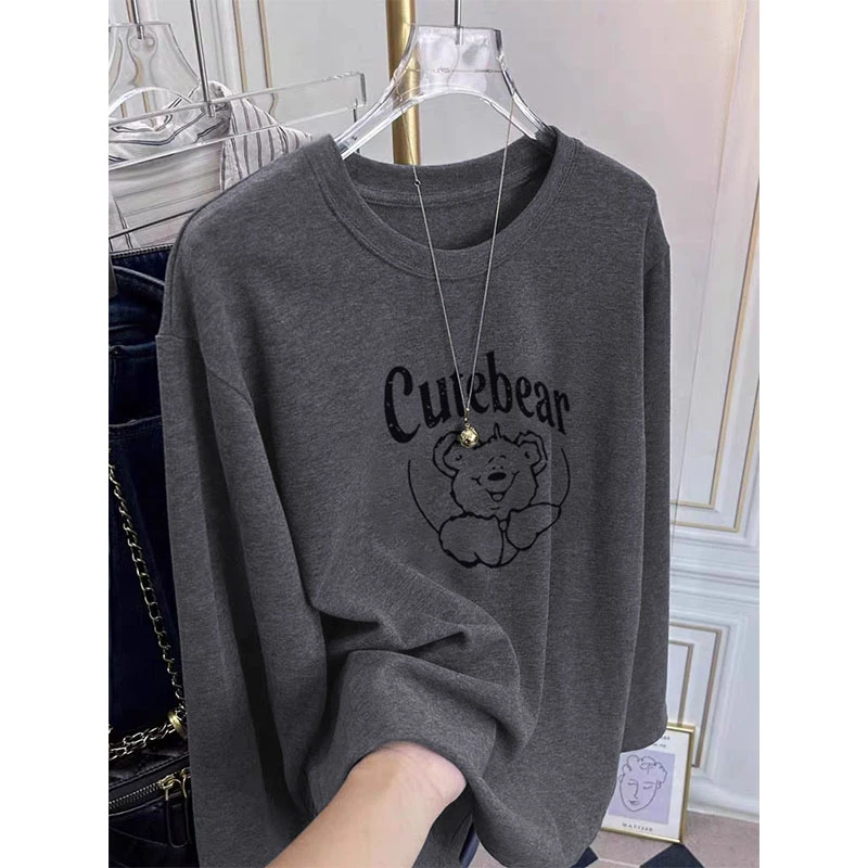 2025新款正肩磨毛加厚长袖t恤女时尚高档灰色打底衫上衣春秋冬季