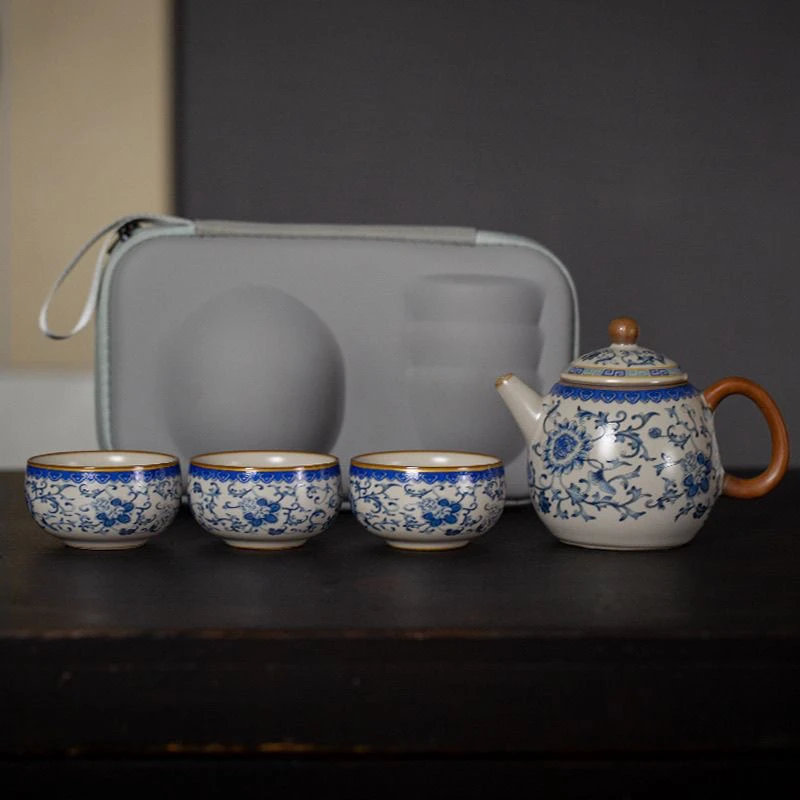 清仓青花旅行茶具套装一壶三杯便携式带包户外家用陶瓷客杯壶