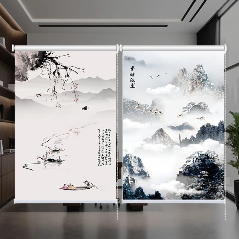 定制新中式山水画卷拉式窗帘办公室客厅书房阳台遮阳遮光电动卷帘
