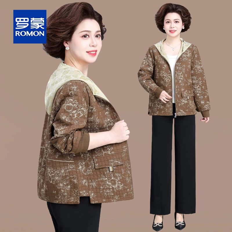 罗蒙中年妈妈装外套洋气上衣2025新款中老年女装春秋连帽夹克衫