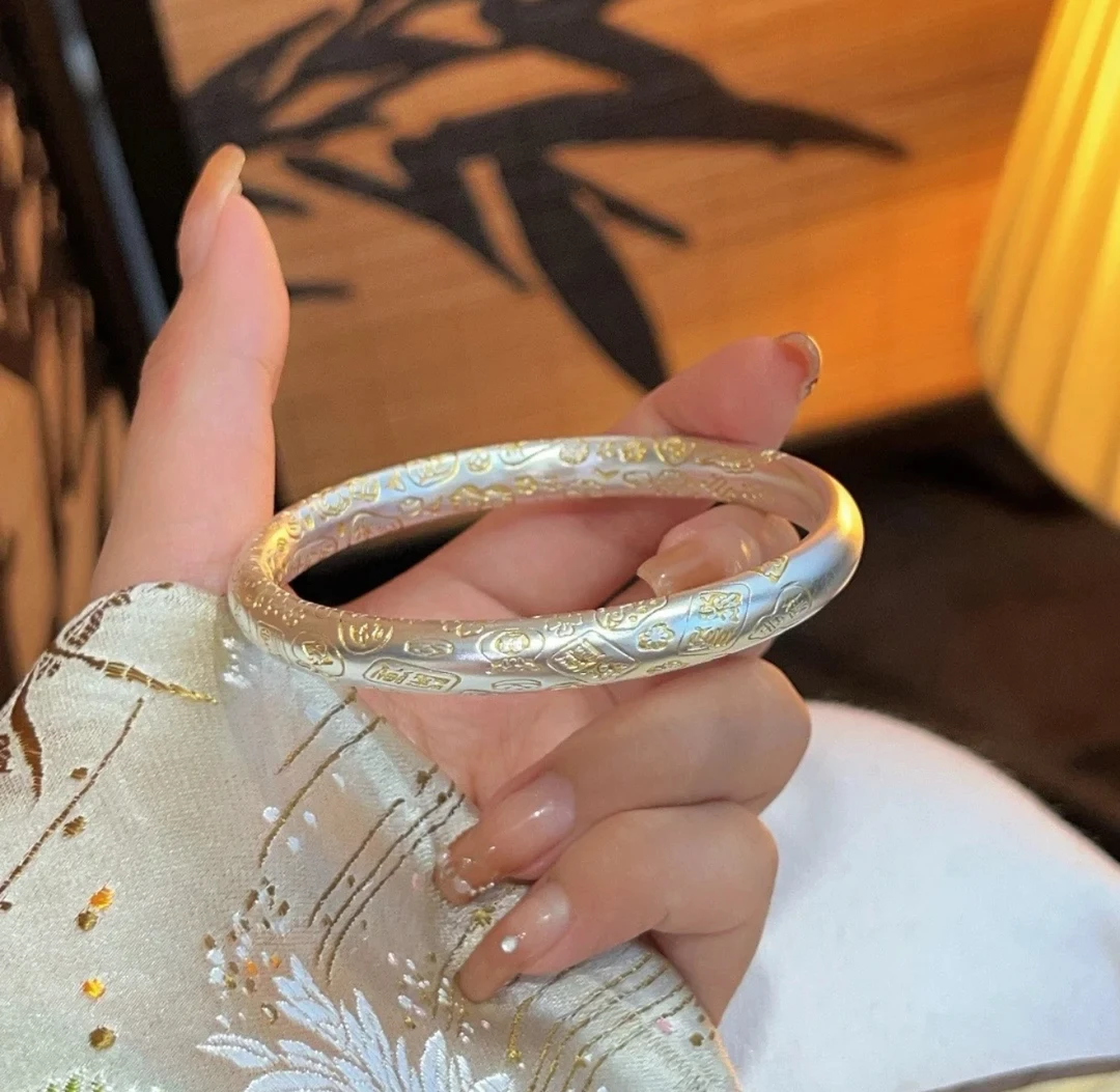 足银手镯 47号描金吉言招财猫手镯闭口手环女磨砂国风新中式古法