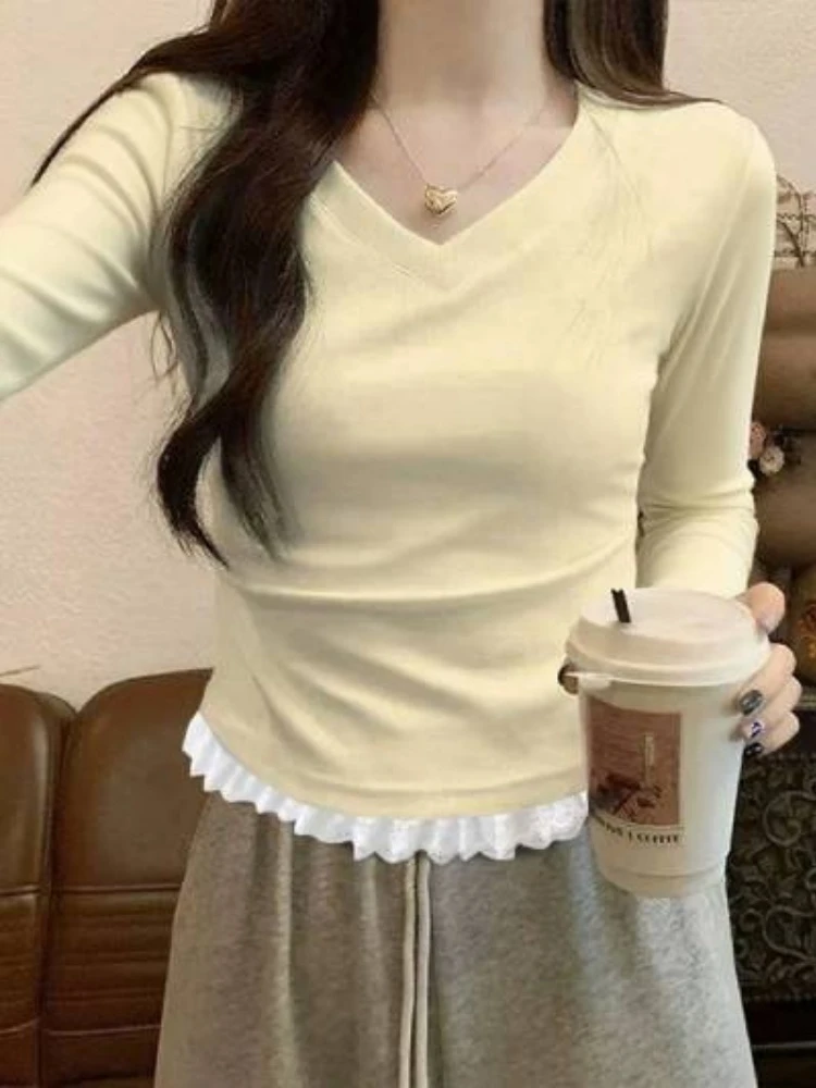 内搭V领显瘦短款纯色拼接花边透气秋冬新款T恤女百搭休闲长袖上衣