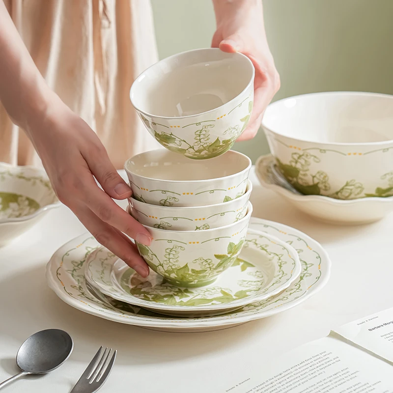 绿玲兰陶瓷米饭碗家用2025新款吃饭碗汤面碗盘子碗碟高颜值餐具