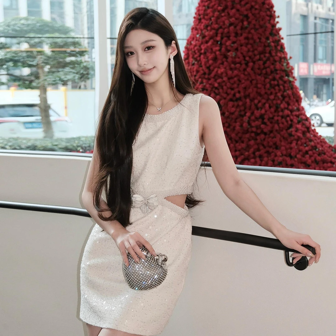 现货女装法式小香风钉珠蝴蝶结亮片露腰无袖连衣裙女MU3489