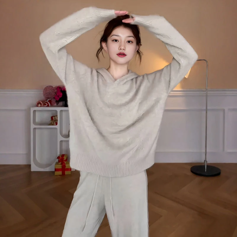大码连帽针织毛衣松紧腰阔腿裤两件套女秋冬胖mm显瘦巨好看的套装