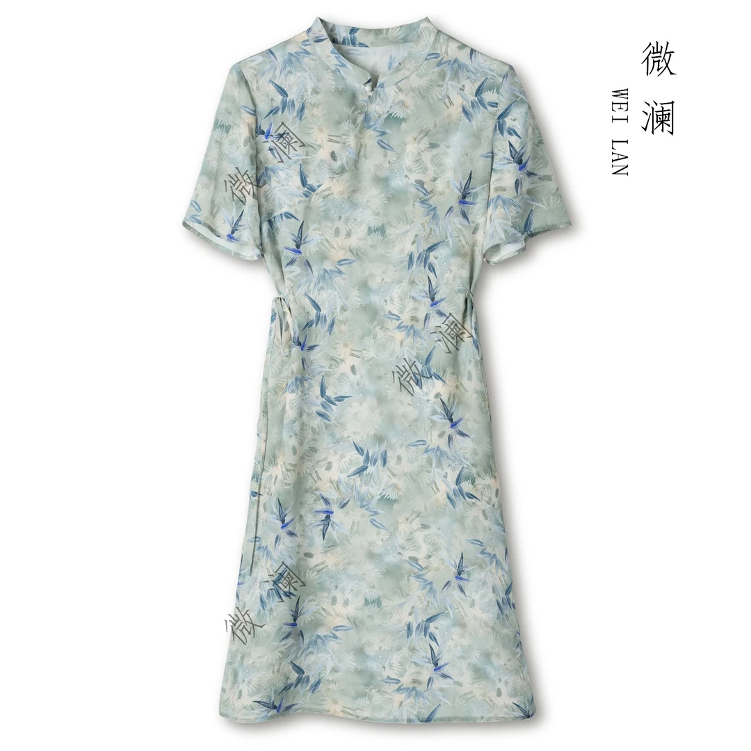 【雾蓝竹意】100桑蚕丝时尚中国风显瘦气质夏季旗袍JYA026-1