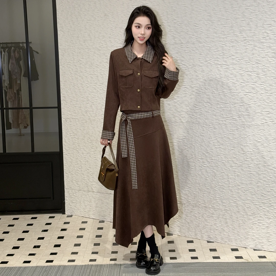 2025新款休闲风时尚套装针织拼接复古女装秋季秋冬