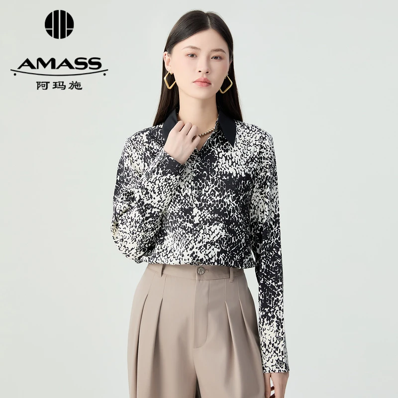 阿玛施AMASS 时尚精致简约拼接翻领长袖春季衬衫女5301098印花