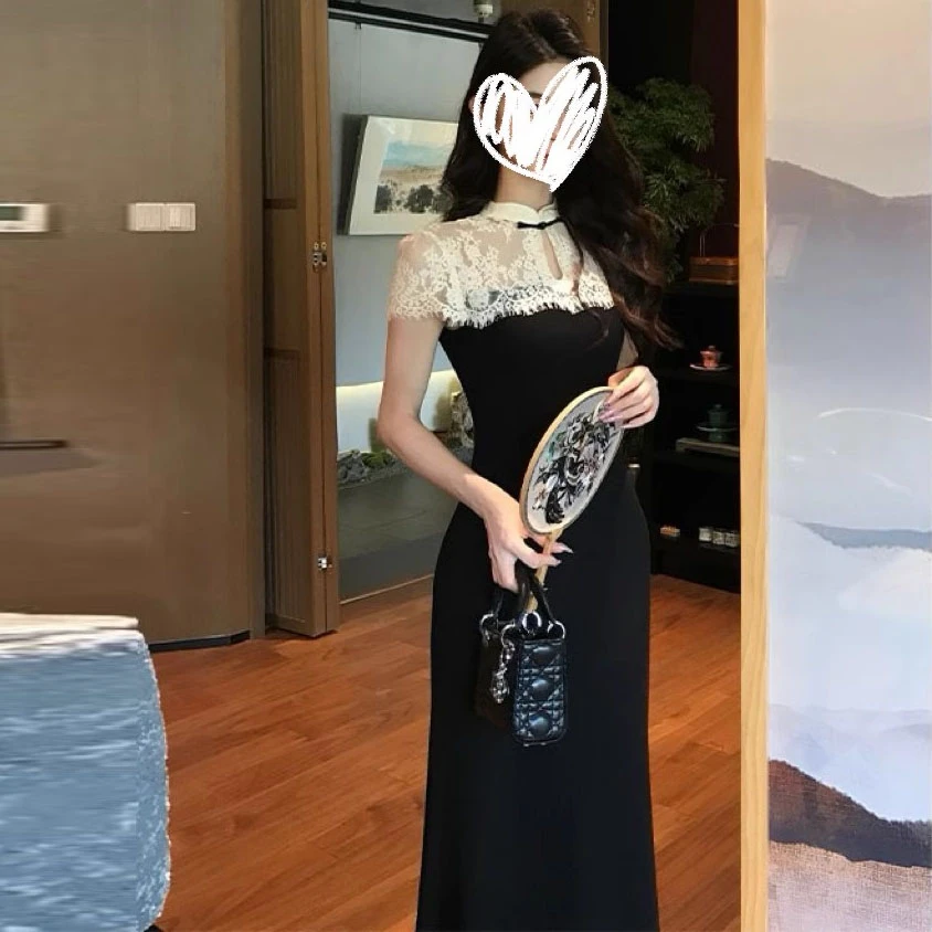 网红夏季新中式复古蕾丝拼接针织收腰气质短袖连衣裙女6880#