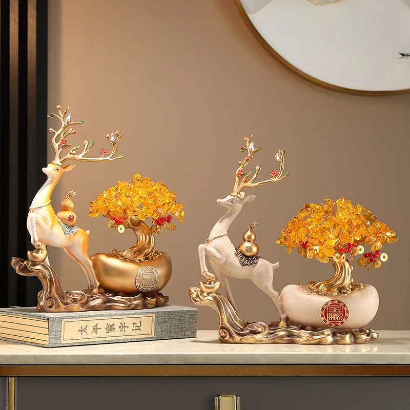招财摇钱树元宝鹿摆件开业乔迁礼品水晶发财树家居客厅酒柜装饰品