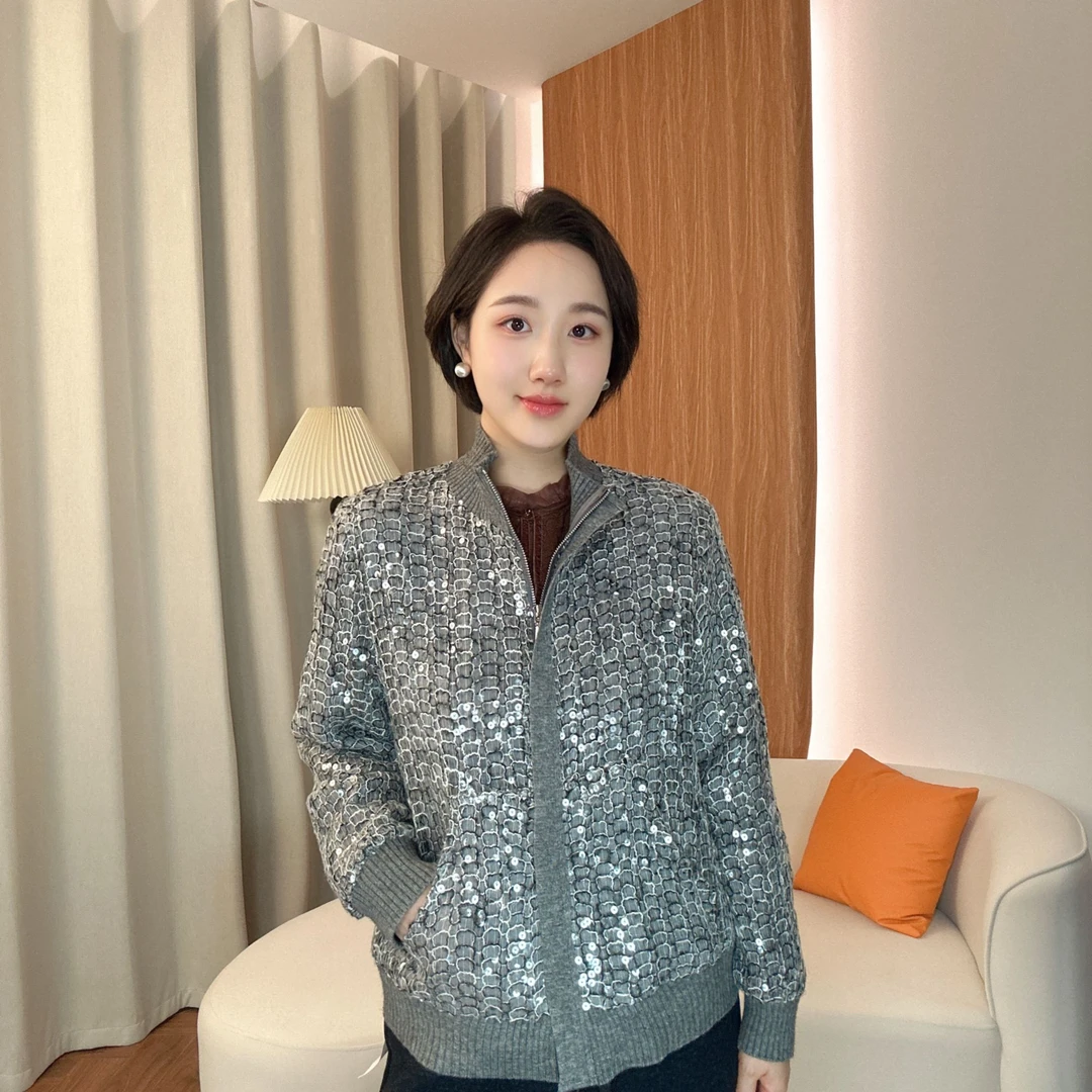 灰色长袖外套毛衣拼接夹克  5022