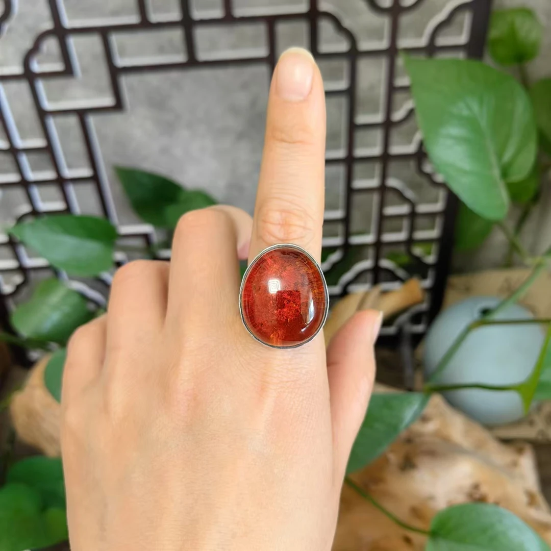 LYliuyng天然琥珀蜜蜡戒指品质独特系复古手工银镶夕阳红琥珀银戒