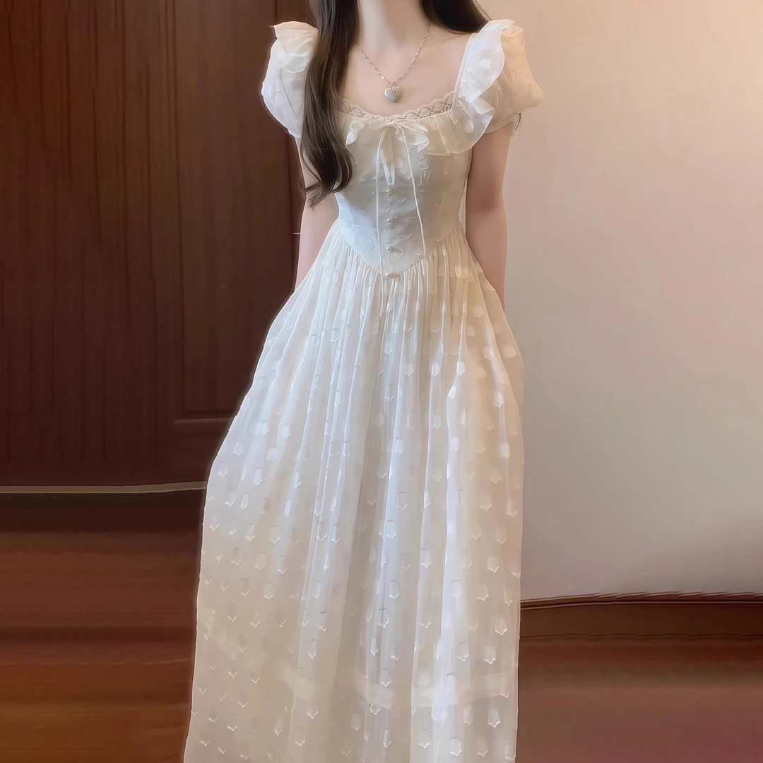 Umi/法式温柔杏色连衣裙女夏季小众设计感收腰荷叶边绝美公主裙子