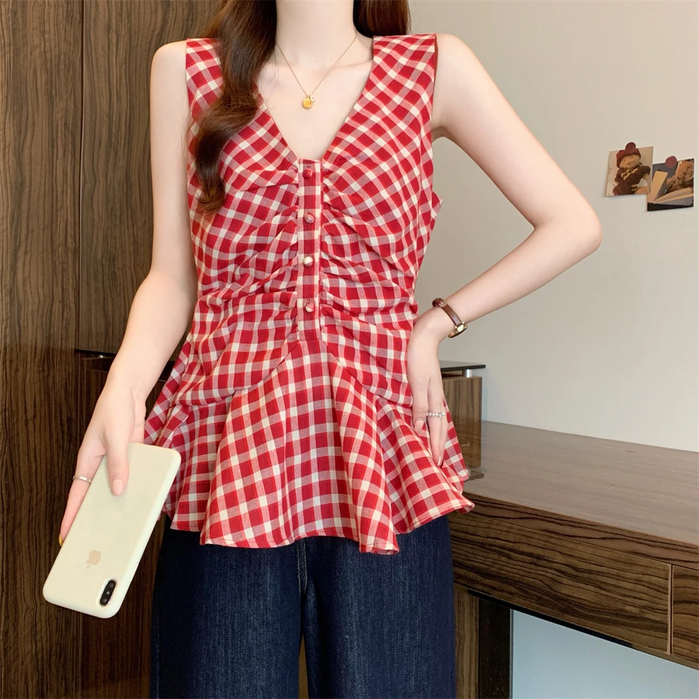 女装夏季法式复古红色格子无袖背心收腰褶皱别致V领上衣