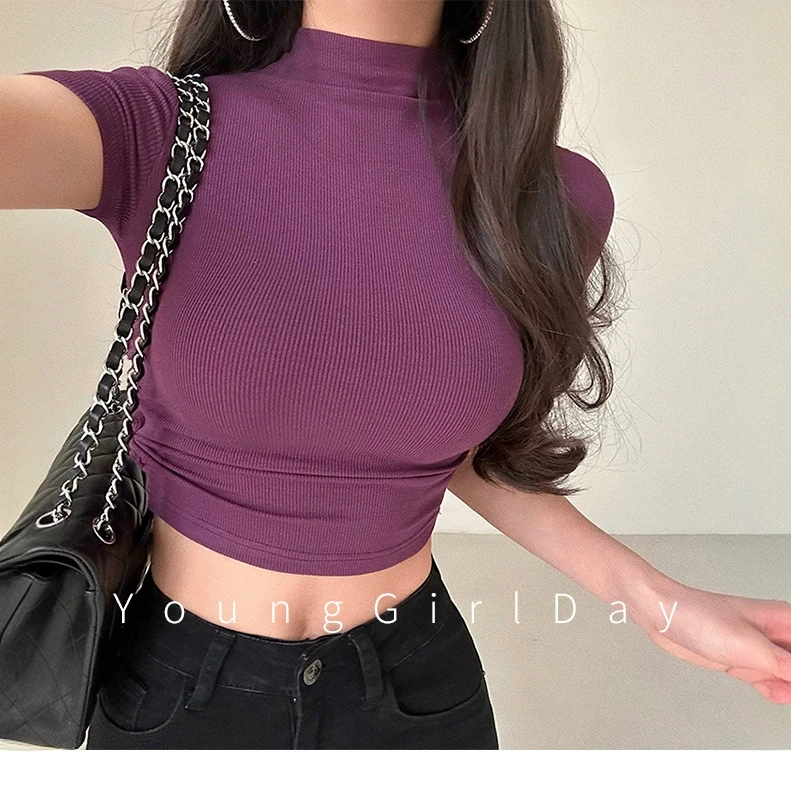 WM螺纹半高领弹力紧身T恤女夏季短袖褶皱短款露脐上衣