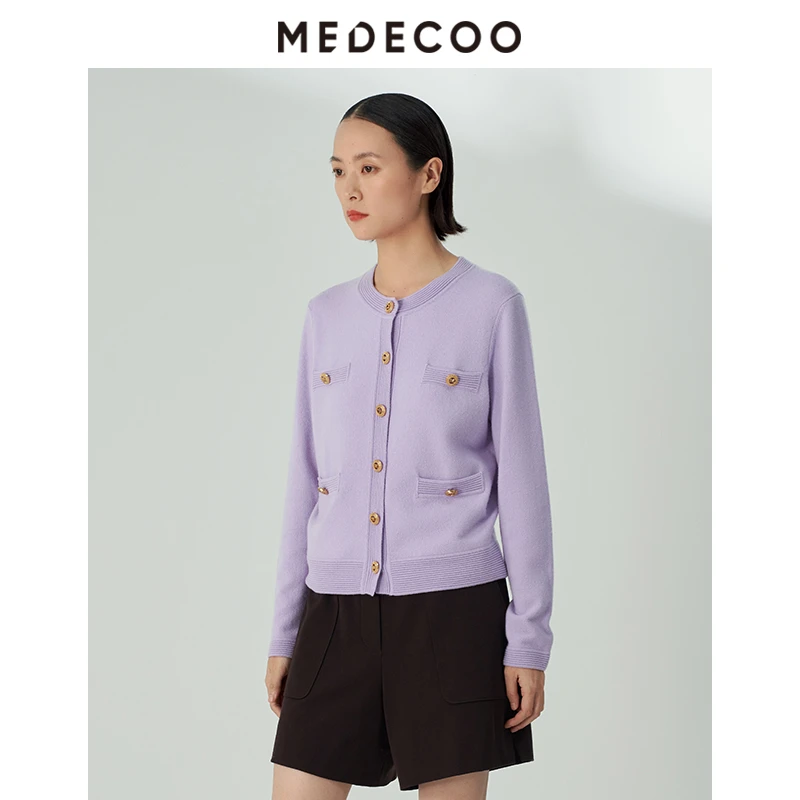 MEDECOO/墨蒂珂小香风长袖圆领羊毛针织开衫MHD40203